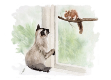 Poster DIN-A4  watercolor art print cat at the window